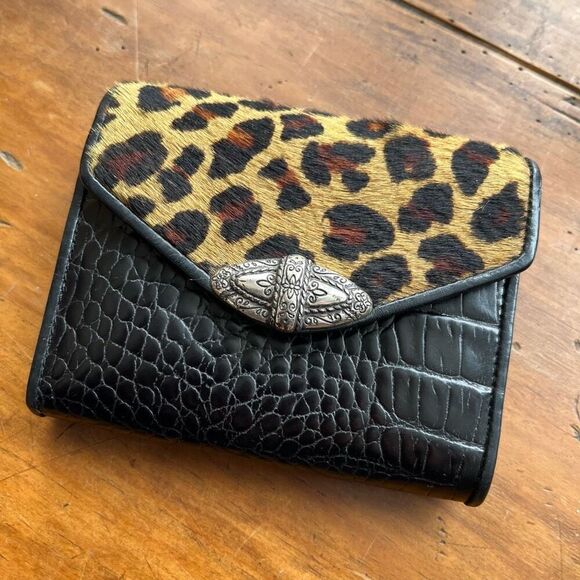 Brighton Bellessimo Leopard Calf Hair & Black Croc Embossed Leather Folio Wallet - Picture 1 of 9